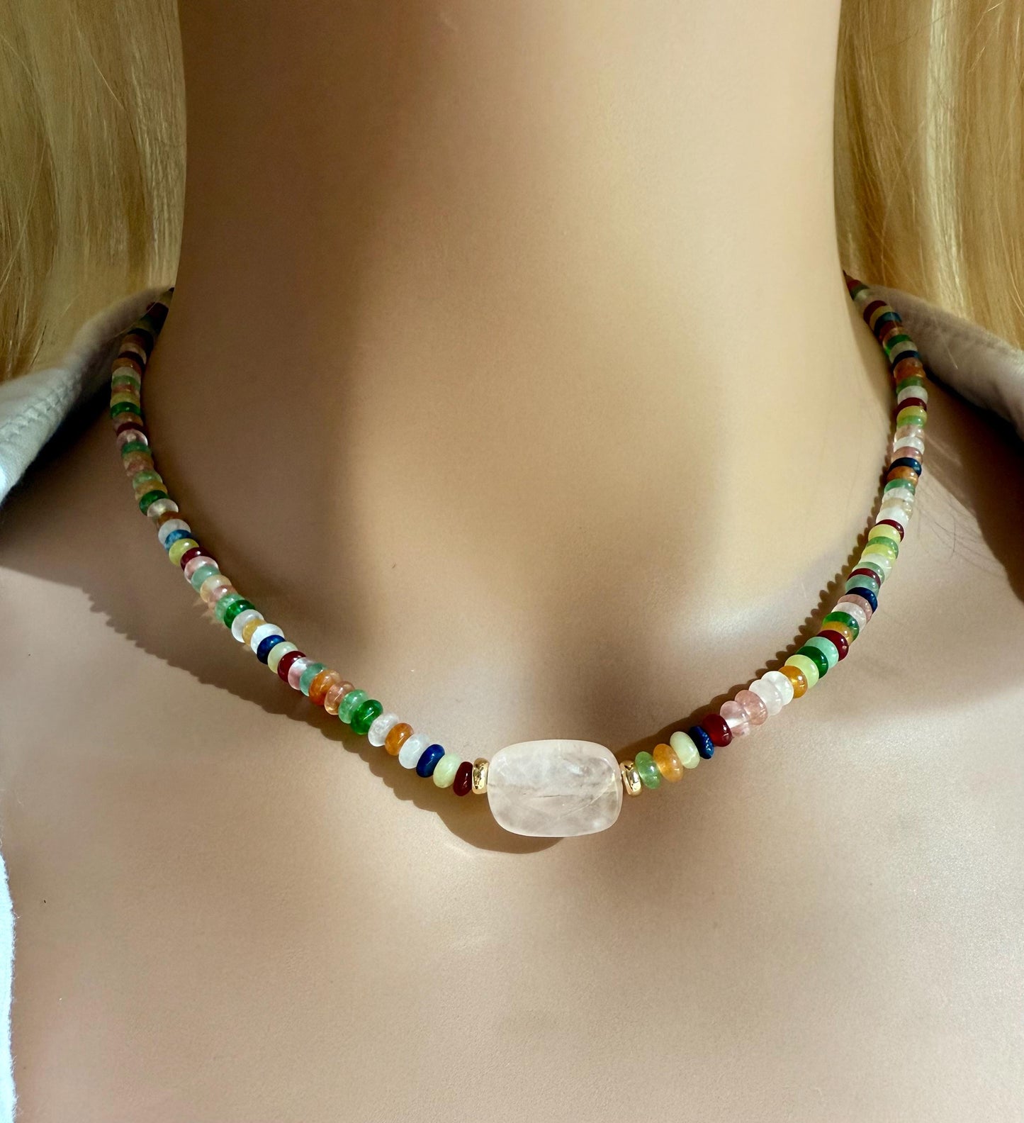Rainbow Gem Necklace with Rose Quartz Pendant, Bright Beaded Necklace Choker, Minimalist Gemstone Beaded Layering Necklace, Gift for Her