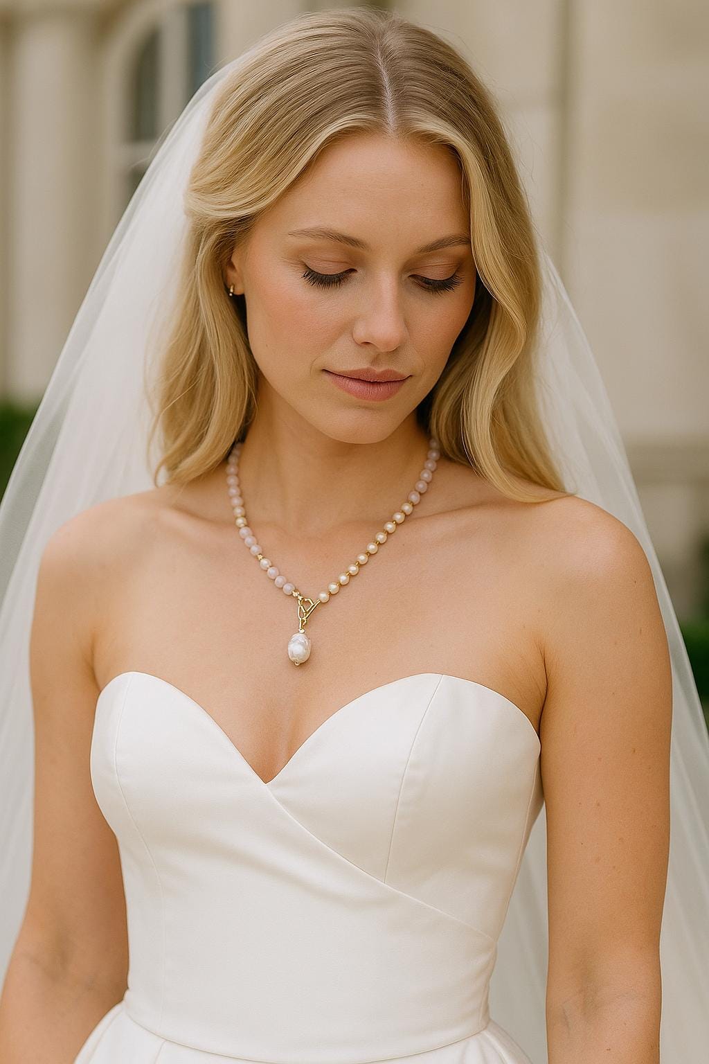Gold and Silver Beaded Choker, Rose Quartz and Pearl Necklace with Baroque Pendant, Bridal Jewelry, Healing Crystal Jewelry, Gift for Her