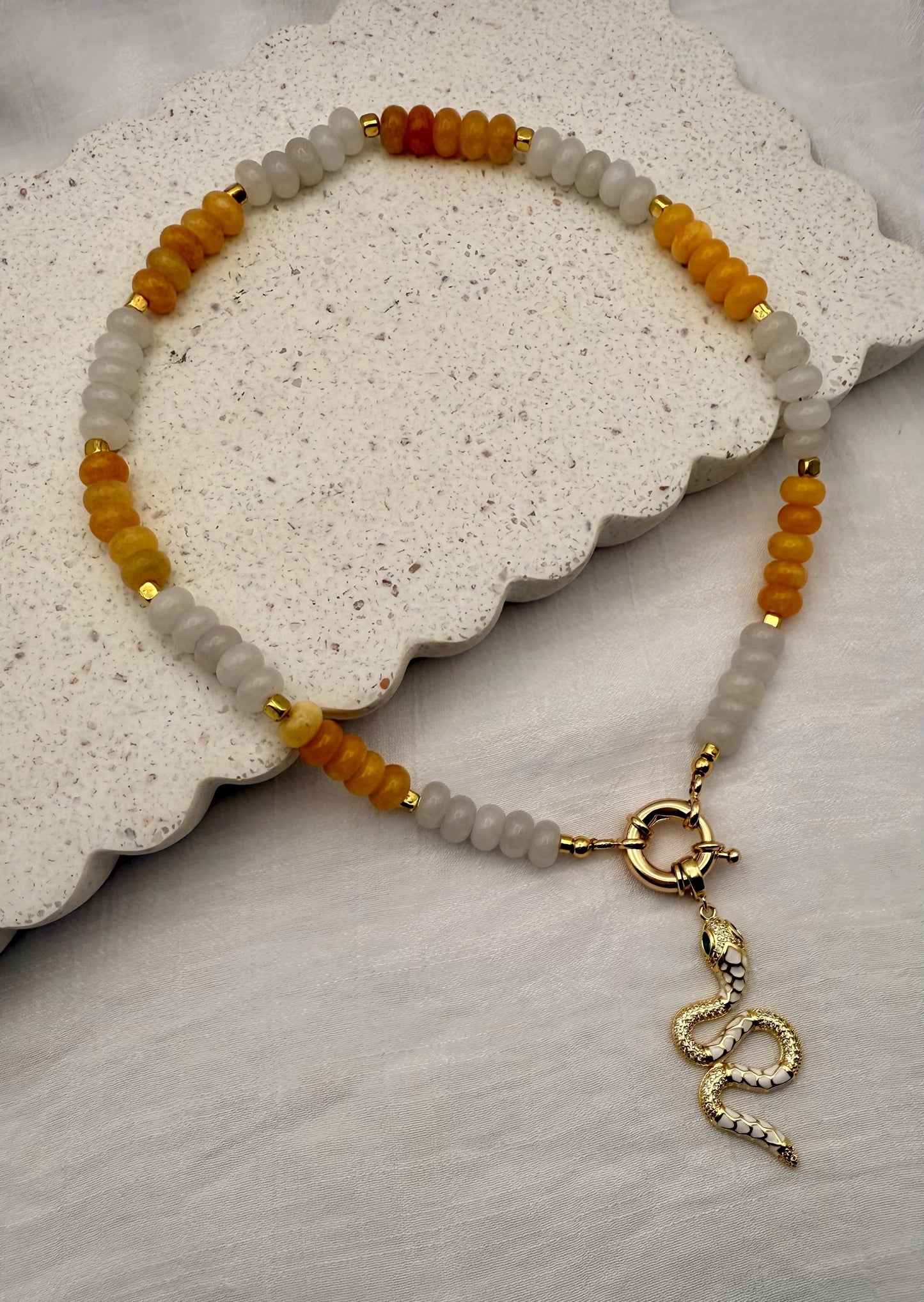 Yellow & White Statement Jewelry, Chunky Gemstone Beaded Necklace with Snake Pendant, Unique Gift for Her, Trendy Handmade Necklace