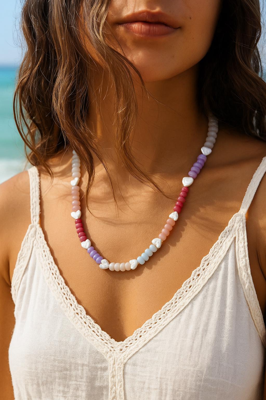 Colorful Gemstone Beaded Necklace with White Heart Pearls, Rainbow Statement Choker, Chunky Bead Necklace, Gift for Her, Summer Trend