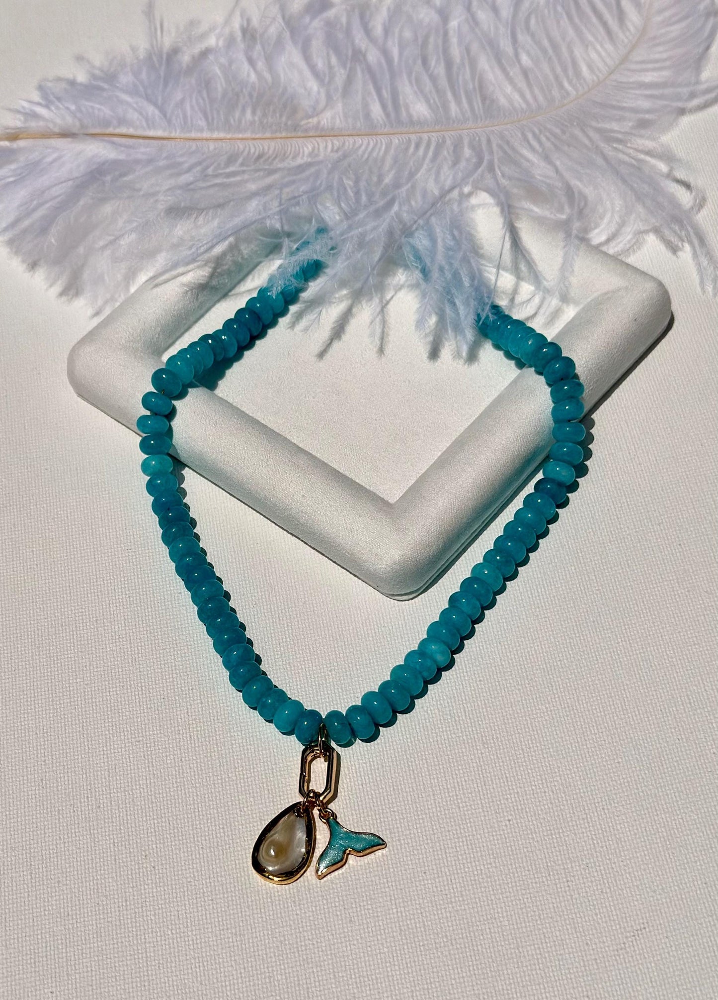 Mermaid Inspired Blue Gemstone Bead Necklace, Turquoise Amazonite Necklace with Pearl Drop & Whale Tail Charms, Gift for Her, Summer Choker