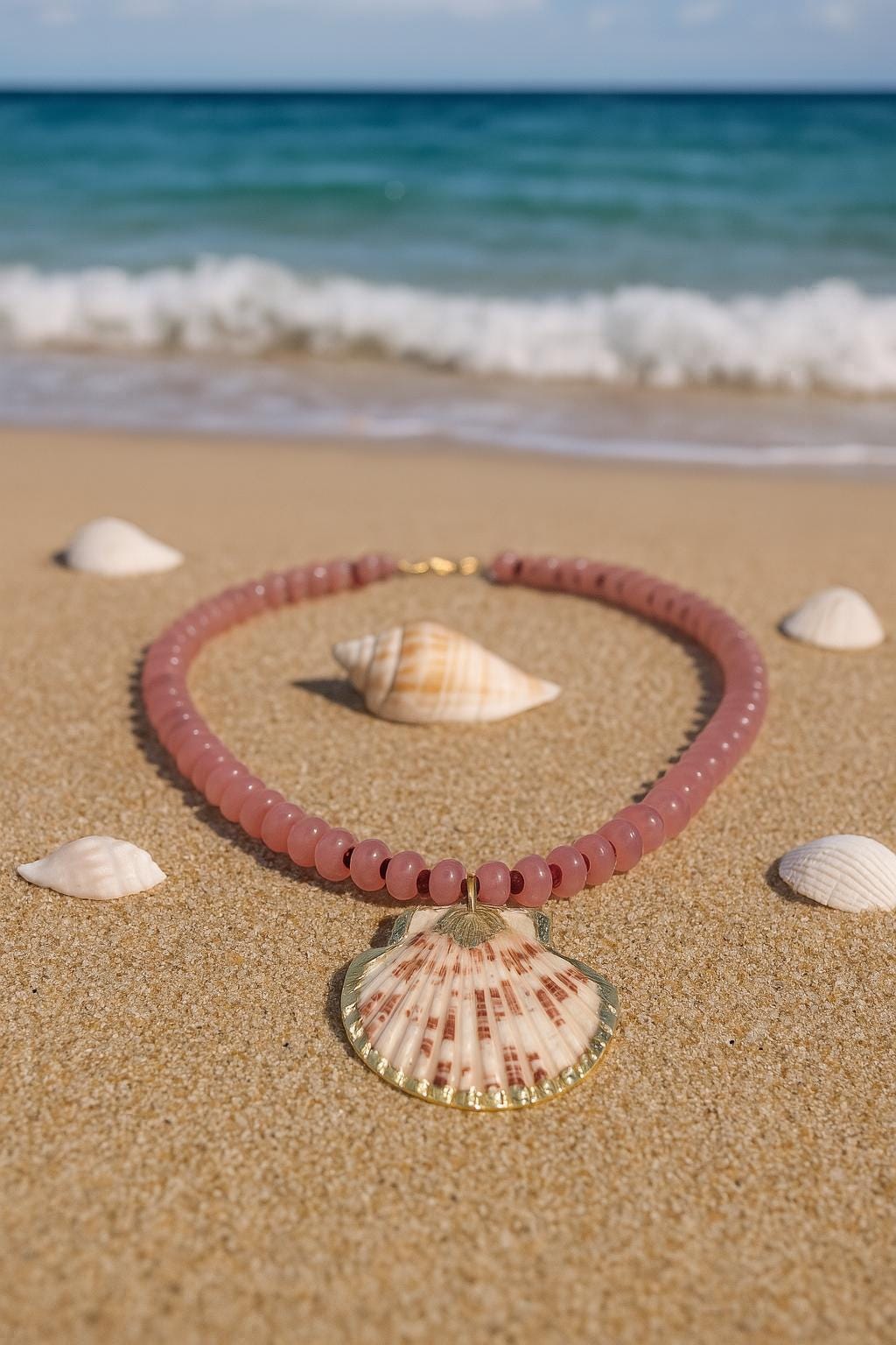 Beachy Boho Summer Jewelry, Scallop Shell Pendant Necklace with Pink Gemstone Beads, Statement Shell Necklace Gift for Her, Summer Choker