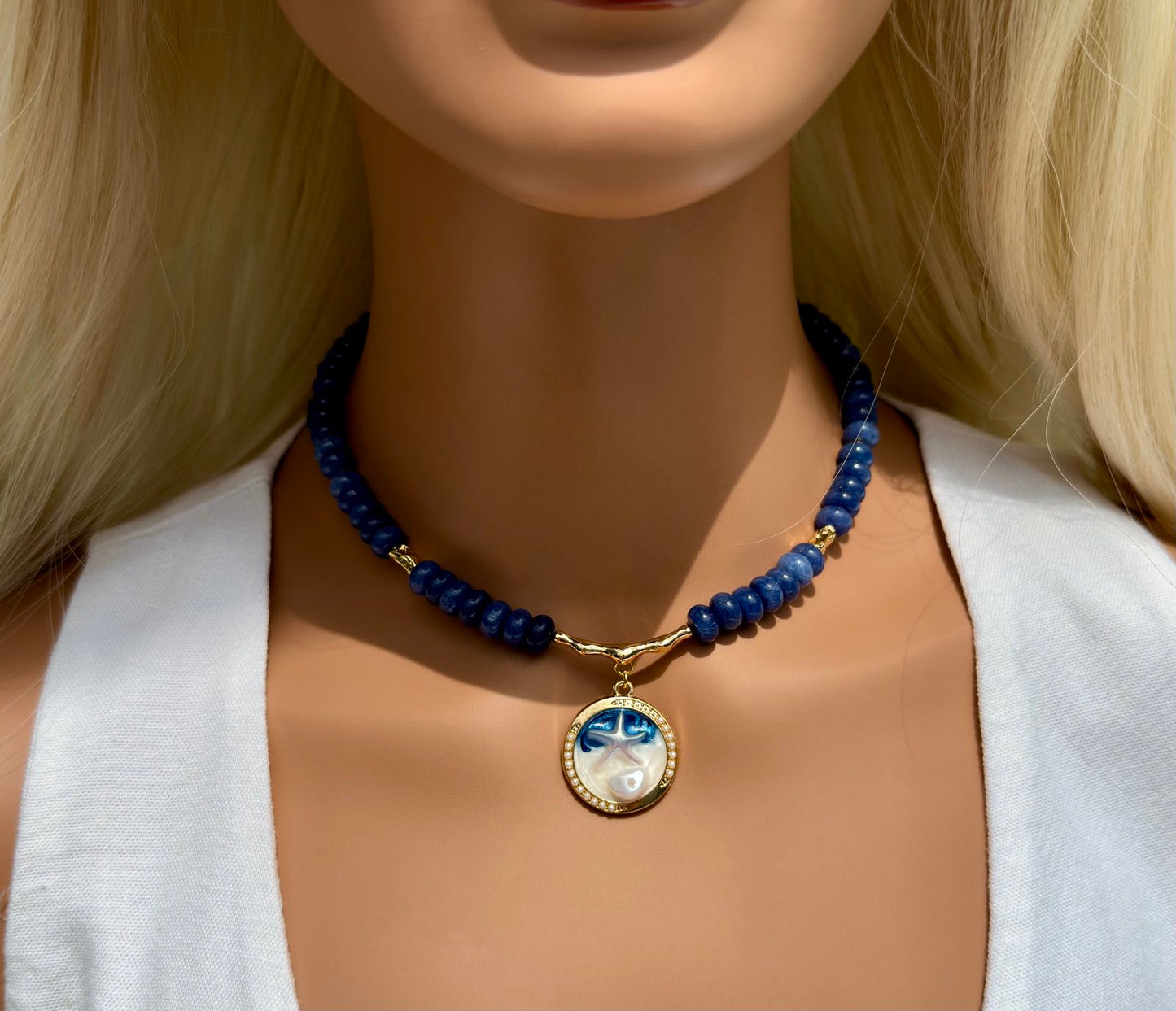 Navy Blue Gemstone Beaded Necklace with Round Marbled Pendant