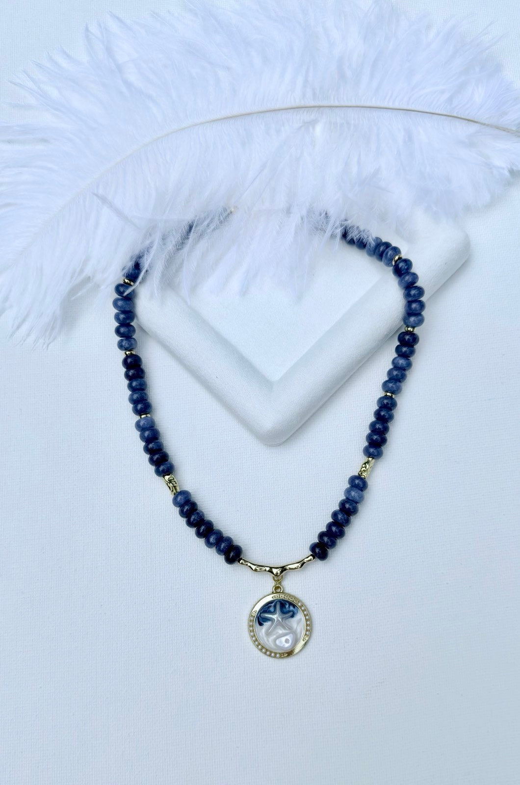 Navy Blue Gemstone Beaded Necklace with Round Marbled Pendant
