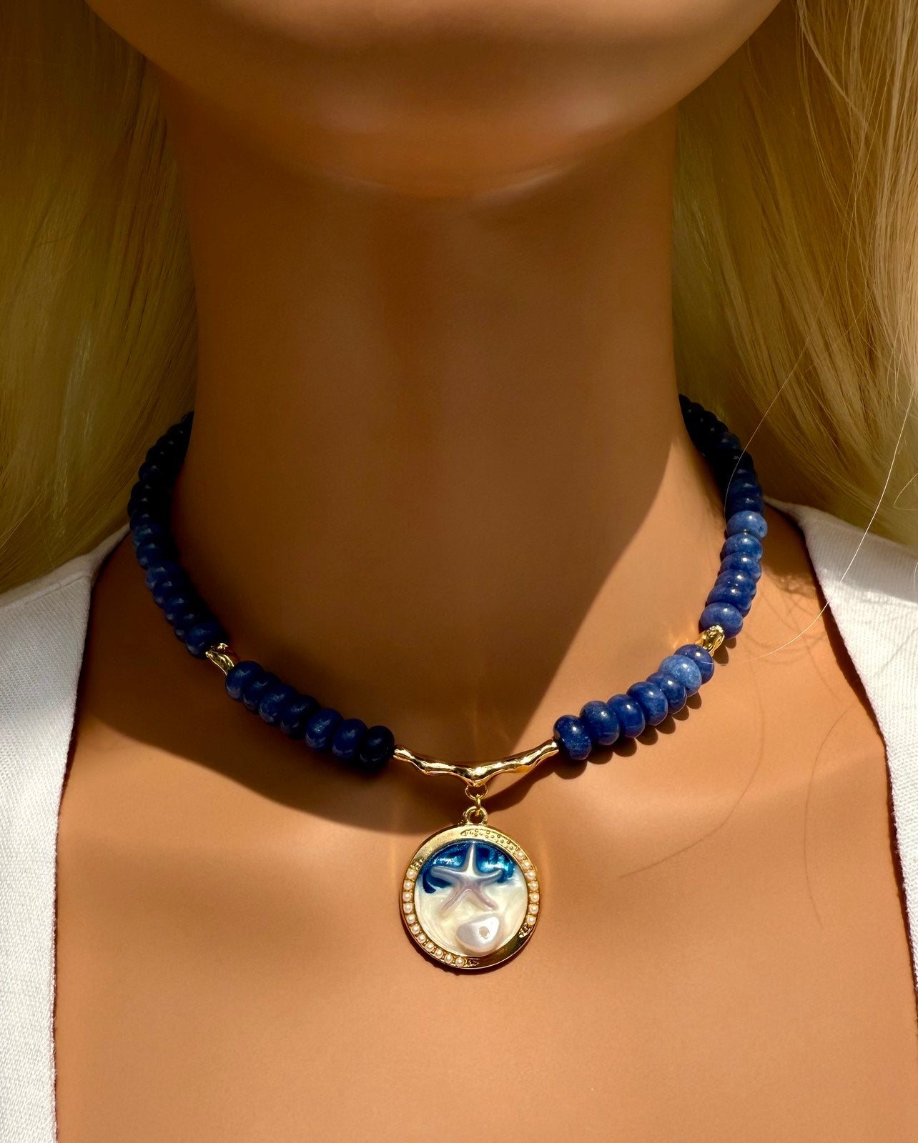 Navy Blue Gemstone Beaded Necklace with Round Marbled Pendant