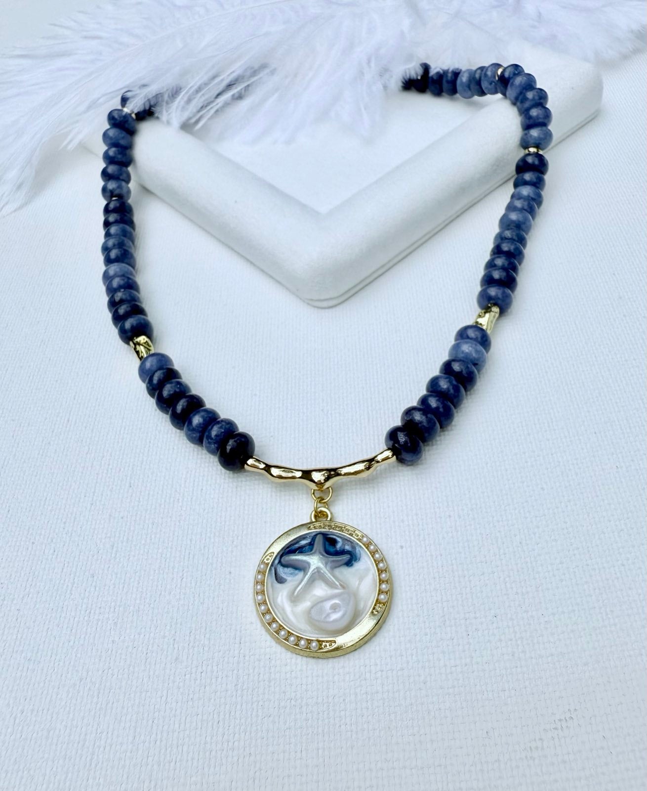 Navy Blue Gemstone Beaded Necklace with Round Marbled Pendant