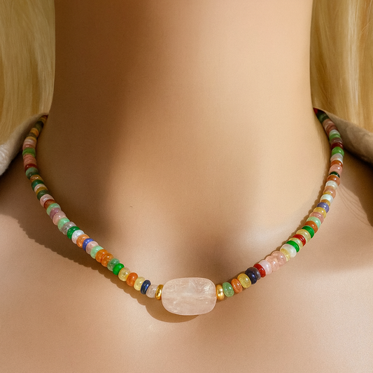 Rainbow Whisper – Rose Quartz & Multicolor Gem Choker
