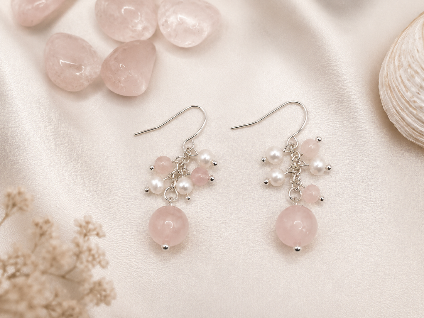 Rose Quartz and Pearl Dangle Earrings