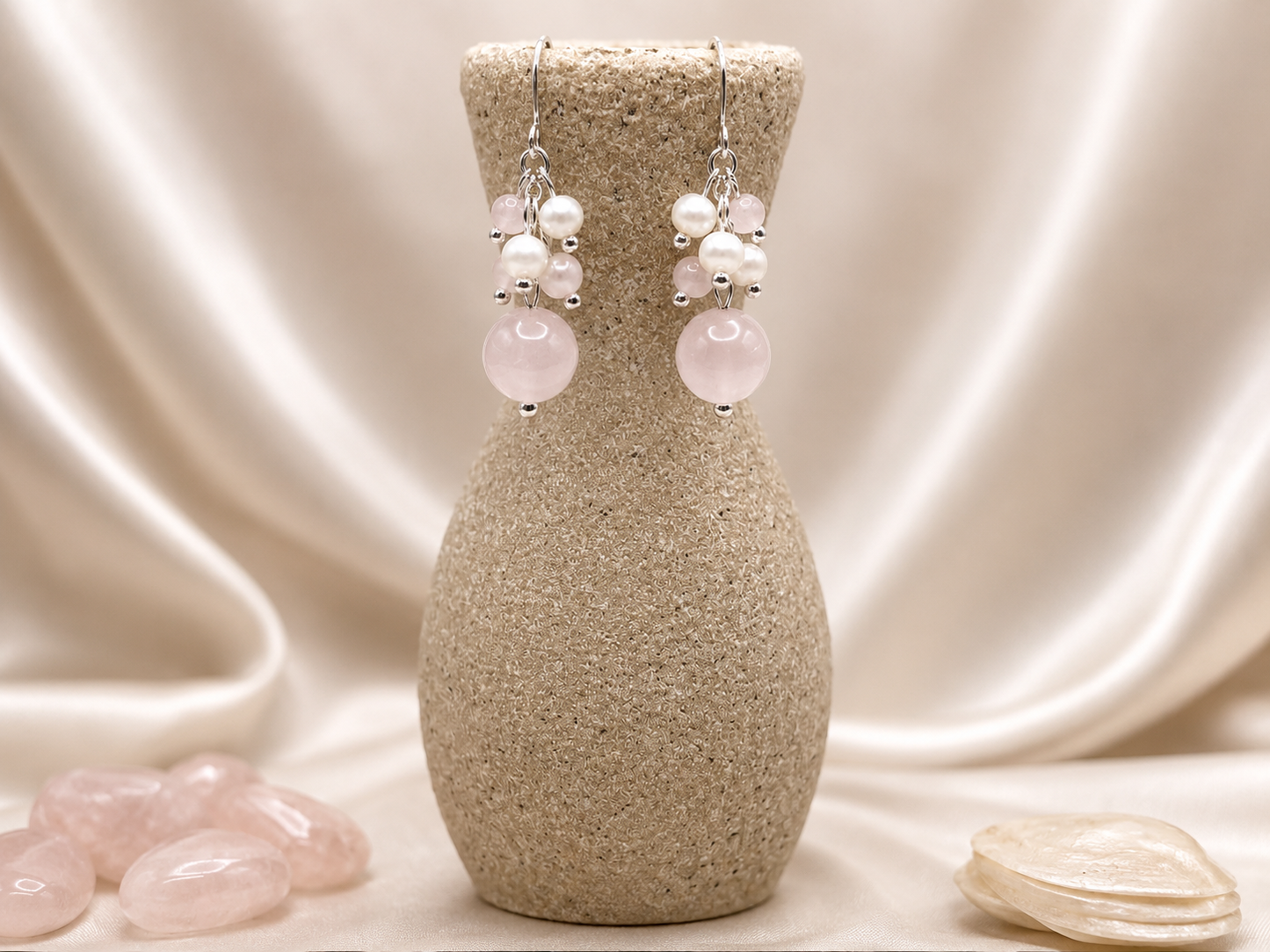 Rose Quartz and Pearl Dangle Earrings
