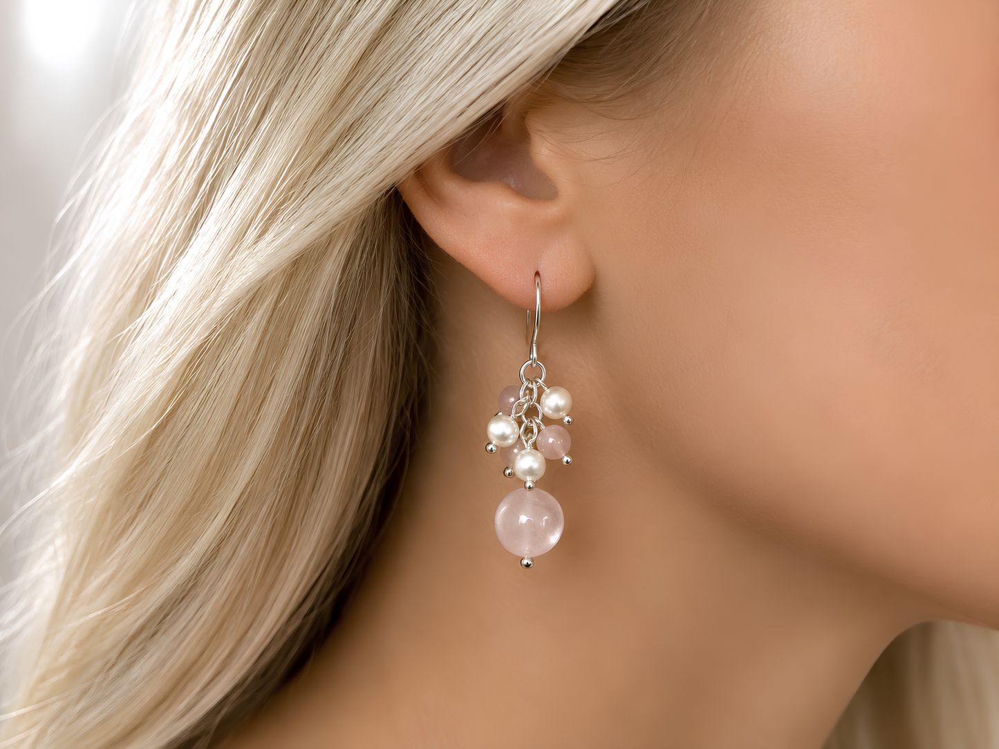 Rose Quartz and Pearl Dangle Earrings