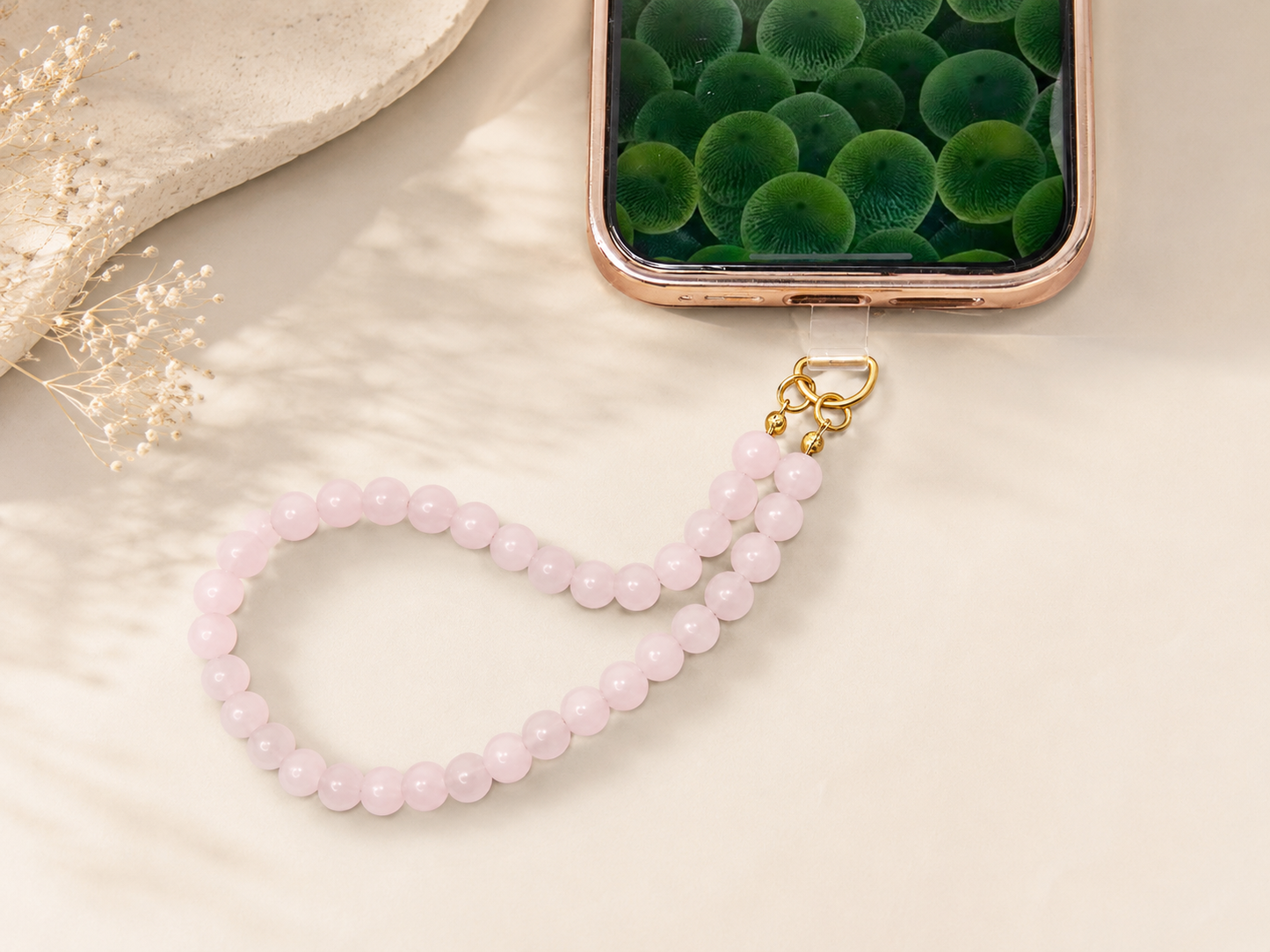 Blush Aura – Rose Quartz Beaded Phone Strap