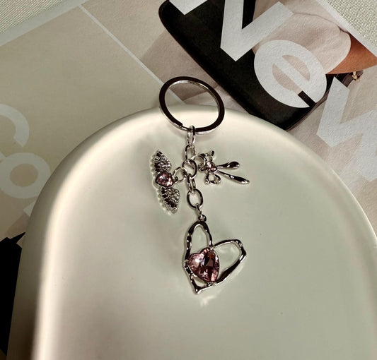 Kawaii Gift, Angel Wings Heart Silver Keychain, Keyring with Pink Crystal Heart, Kawaii Gift, Car Key Ring with Wings and Bow, Gift for Her