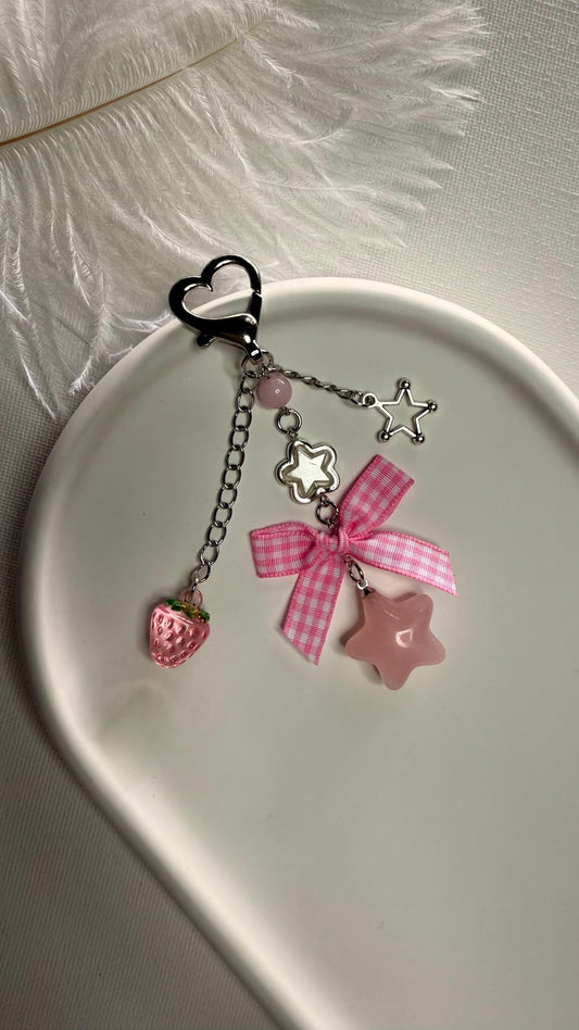 Cute Strawberry Bag Charm with Gingham Bow, Kawaii Pink Star Charm Keychain, Aesthetic Phone Charm, Pastel Star Key Ring, Girly Gift for Her