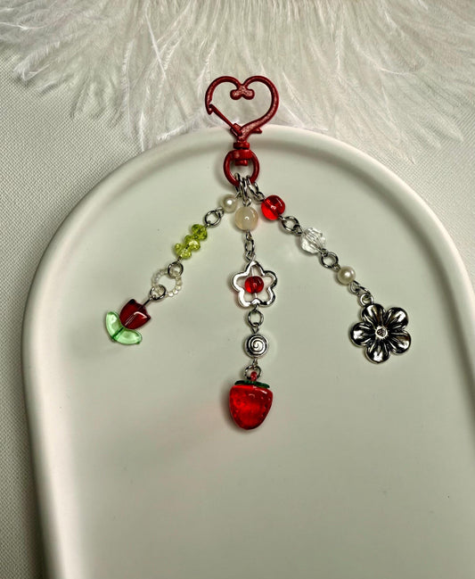 Colorful Strawberry and Flower Charm Keychain, Cute Handmade Beaded Bag Charm, Red Heart Clip, Tulip and Berry Accessory, Gift for Her