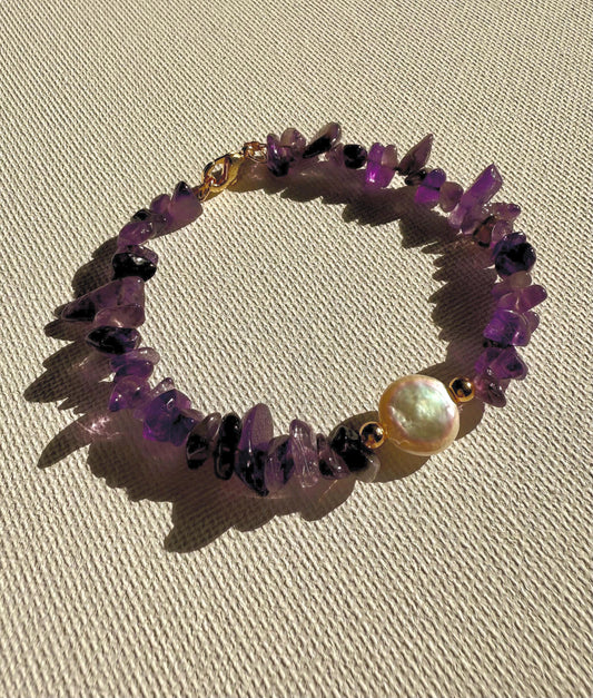 Everyday Dainty Crystal Bracelet, Natural Amethyst & Baroque Pearl Bracelet, February Birthstone,  Purple Gemstone Bracelet, Gift for Her