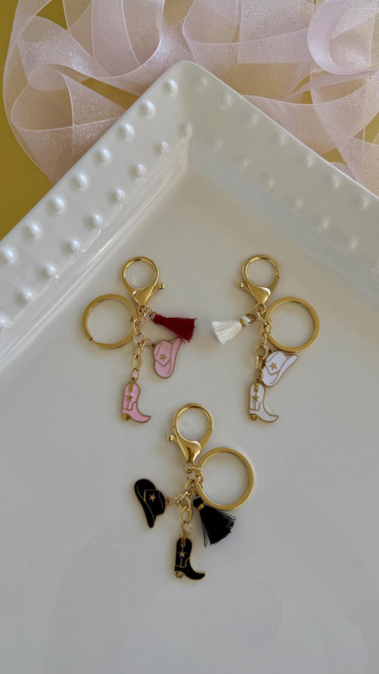 Cowgirl Charm Keychain, Hat & Boot with Tassel, Cowboy Boot Enamel Bag Charms, Gift for Her, Gift for Him, Bridesmaid Gift, Gift for Mom