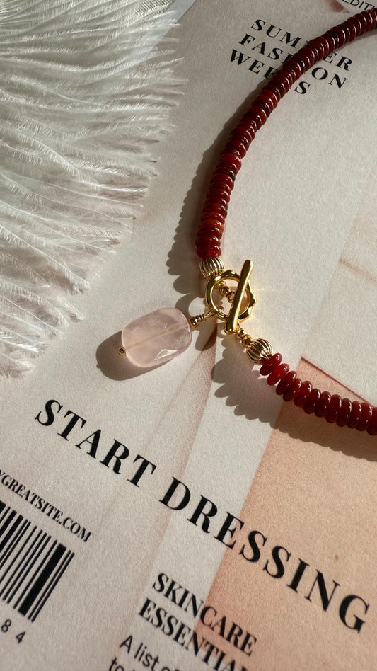 Genuine Gemstone Jewelry for Her, Dainty Red Carnelian Choker Necklace with Rose Quartz Pendant, Healing Crystal Necklace, Gift for Her