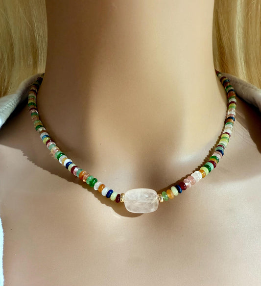 Rainbow Gem Necklace with Rose Quartz Pendant, Bright Beaded Necklace Choker, Minimalist Gemstone Beaded Layering Necklace, Gift for Her