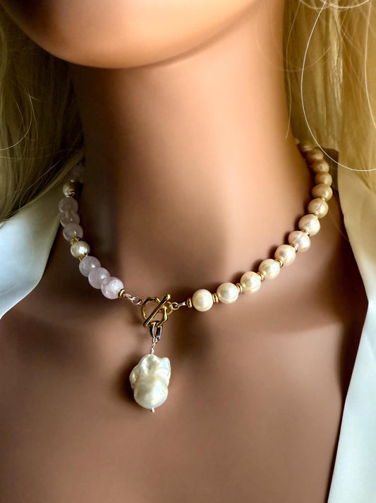 Rose Quartz and Pearl Necklace with Baroque Pendant, Gold and Silver Beaded Choker, Bridal Jewelry, Healing Crystal Jewelry, Gift for Her