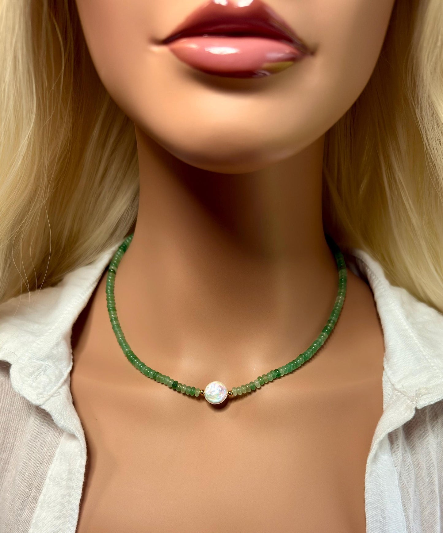 Green Aventurine and Pearl Necklace, Dainty Gemstone Choker, Handmade Minimalist Jewelry, Natural Crystal Necklace, Gift for Her