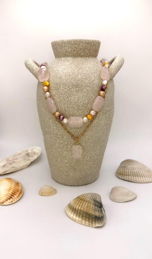 Healing Crystal & Freshwater Pearl Jewelry, Rose Quartz and Pearl Layered Necklace Set, Dainty Gold Chain and Quartz Pendant, Gift for Her