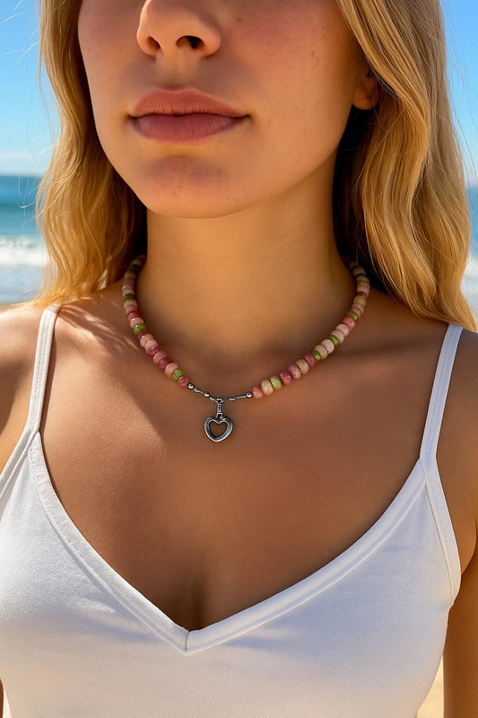 Tourmaline Beaded Choker with Heart Charm, Pink Green Gemstone Jewelry, Adjustable Boho Necklace, Natural Crystal Necklace, Gift for Her