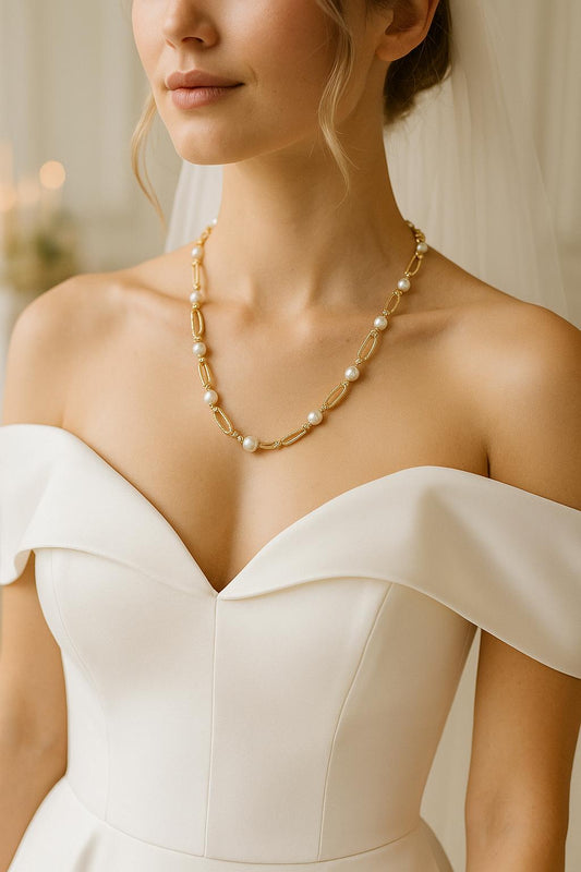Dainty Gold Chain Link Necklace, Freshwater Pearl Necklace, Baroque Pearl Jewelry, Minimalist Style, Elegant Wedding Jewelry, Gift for Her
