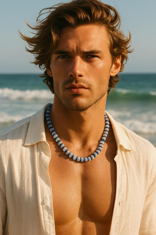 Man's Gemstone Beaded Necklace, Chunky Coastal Necklace for Him, Beachy Summer Jewelry, Surfer Style Gift, Jade Aquamarine, Gift for Him