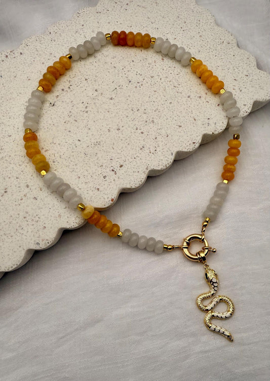 Yellow & White Statement Jewelry, Chunky Gemstone Beaded Necklace with Snake Pendant, Unique Gift for Her, Trendy Handmade Necklace