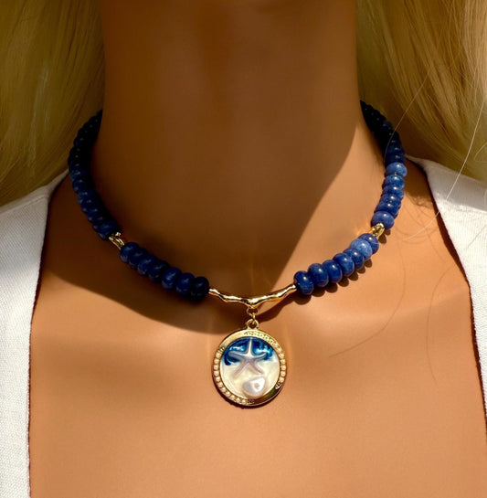 Gold Accent Necklace, Navy Blue Gemstone Beaded Necklace with Round Marbled Pendant, Gift for Her, Handmade Jewelry Trend, Summer Choker
