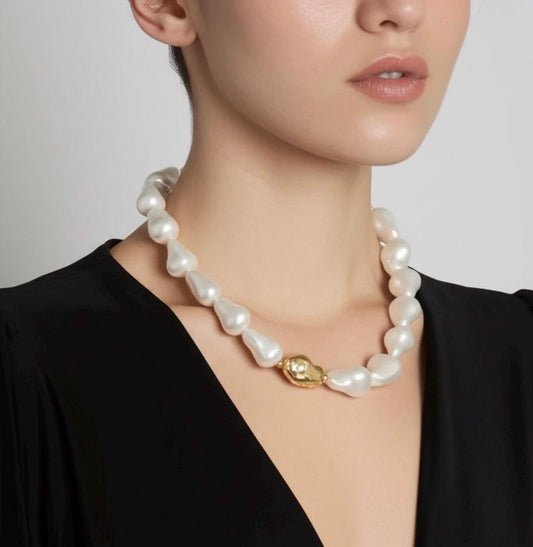 Pearl Necklace With Gold Accent, Extra Large Baroque Pearl Necklace, Bold Statement Jewelry, Unique Gift for Her, Elegant Bridal Accessory