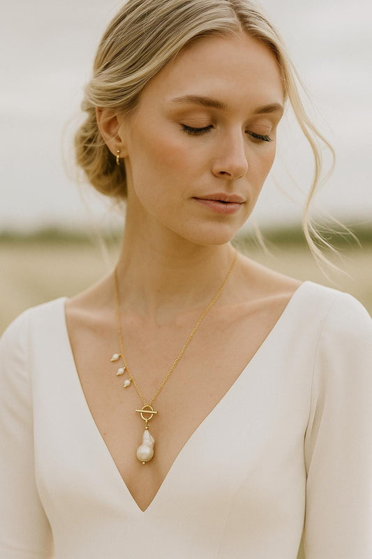 Baroque Pearl Drop Necklace with Asymmetric Freshwater Pearl Accents and Toggle Clasp, Gold or Silver Chain, Gift for Her, Gift for Mom