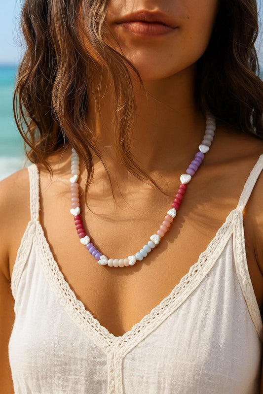 Colorful Gemstone Beaded Necklace with White Heart Pearls, Rainbow Statement Choker, Chunky Bead Necklace, Gift for Her, Summer Trend