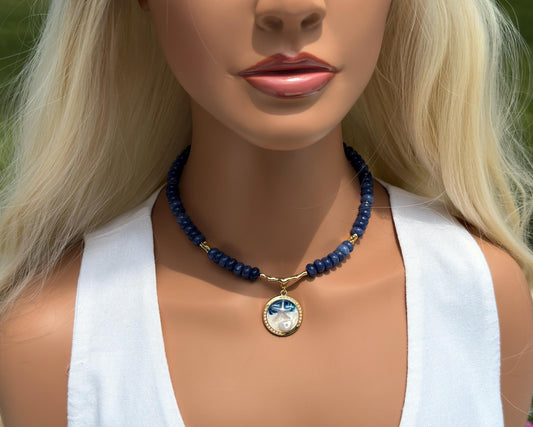 Navy Blue Gemstone Beaded Necklace with Round Marbled Pendant, Gold Accent Necklace, Gift for Her, Handmade Jewelry Trend, Summer Choker