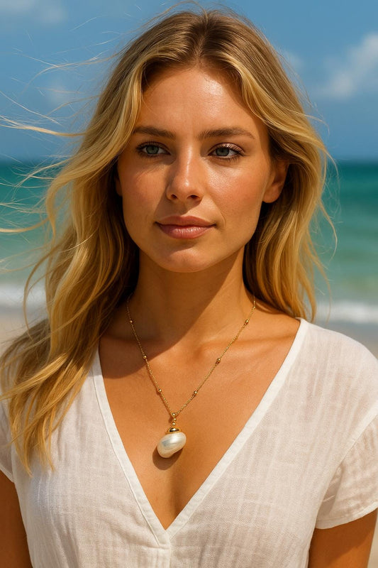 Coastal Ocean Jewelry, Shell Pendant Necklace with 14k Gold Plated Double Chain, Beachy Statement Gift, Nautical Charm Necklace Gift for Her