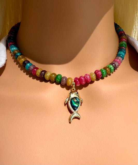 Rainbow Gemstone Choker, Colorful Beaded Choker Necklace with Abalone Fish Pendant, Summer Statement Jewelry, Unique Gift for Her