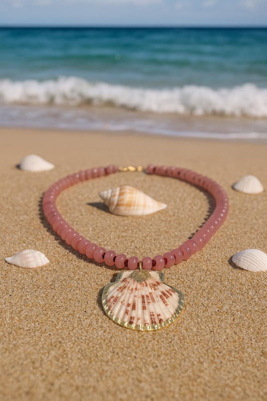 Beachy Boho Summer Jewelry, Scallop Shell Pendant Necklace with Pink Gemstone Beads, Statement Shell Necklace Gift for Her, Summer Choker
