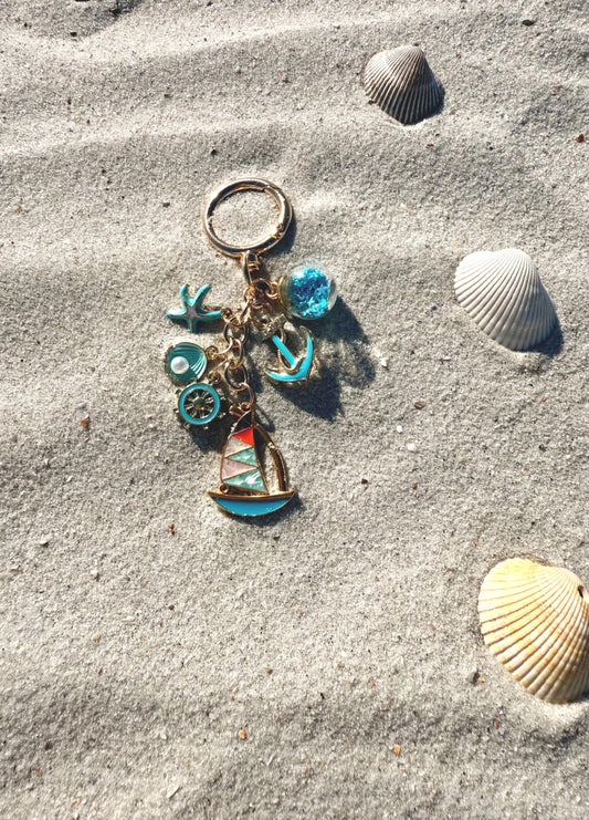 Ocean Theme Bag Charm with Anchor, Starfish, Compass & Seashell, Nautical Sailboat Charm Keychain, Coastal Summer Accessory, Gift for Her