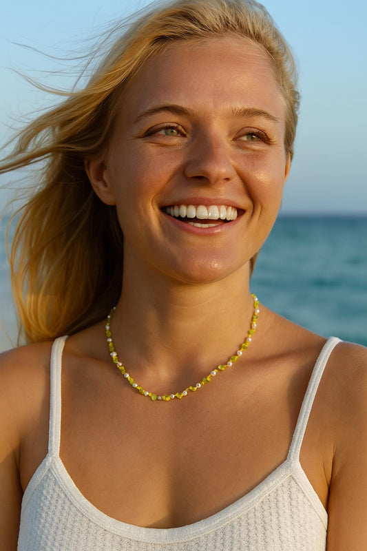 Green Beaded Necklace with Freshwater Pearls, Handmade Olive Gemstone Jewelry, Dainty Gift for Her, Minimalist Summer Layering Piece